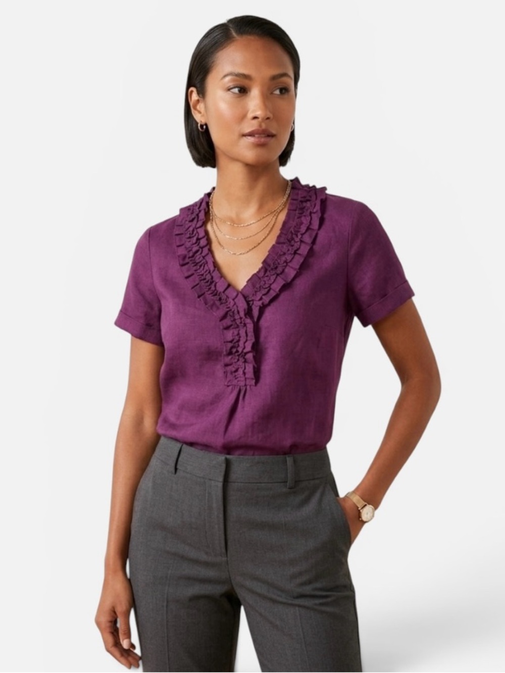 NWT Talbots Burgundy 100% Linen Ruffled V Neck Short Cuffed Sleeve Top Blouse -4